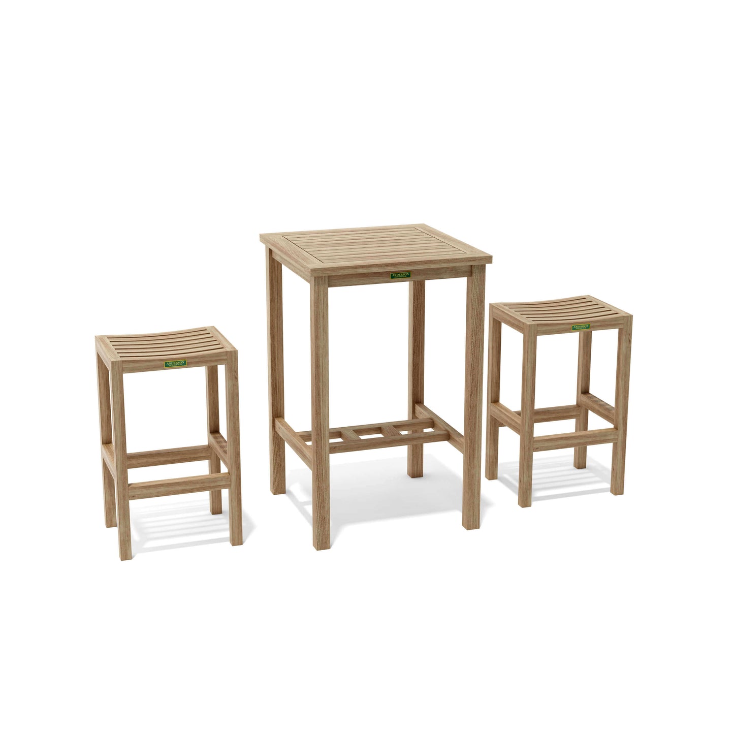 Anderson Teak 3-piece outdoor bar table set with comfortable backless bar chairs ideal for small gatherings