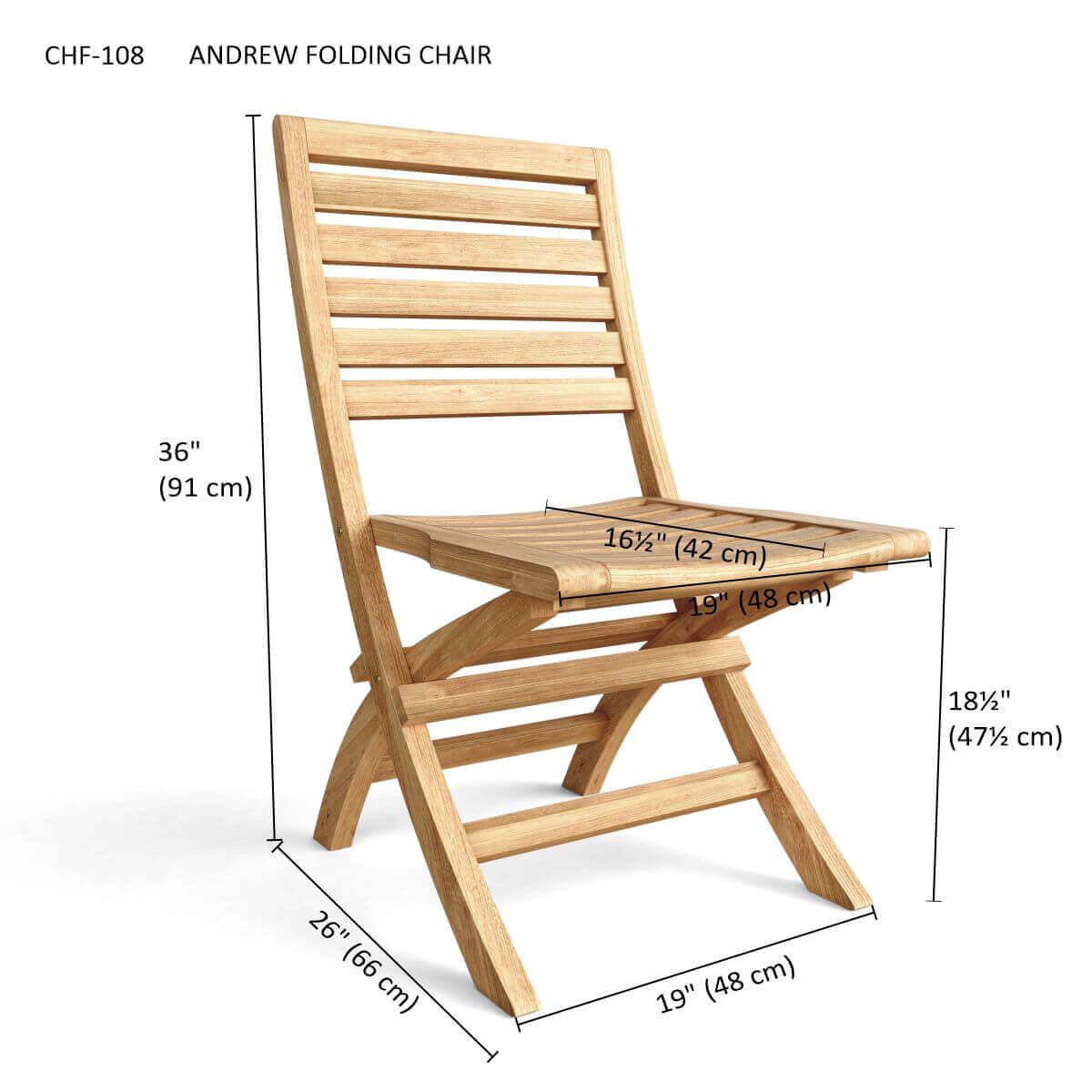 Anderson Teak outdoor folding chairs with dimensions listed