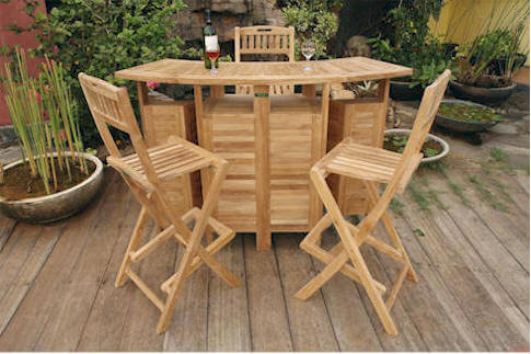 Anderson Teak 5-piece outdoor folding bar table set that has an expandable folding table top for ample storage space and folding bar stools