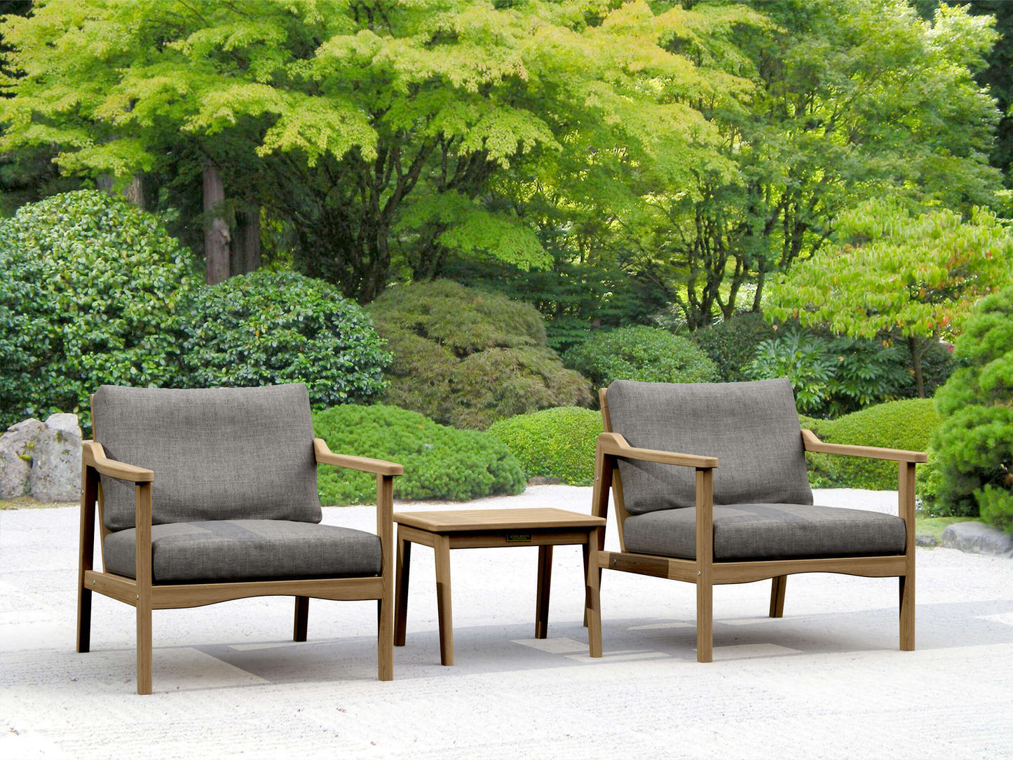Anderson Teak Outdoor Deep Seating 3-Piece Set features 2 deep seating armchairs and an outdoor side table