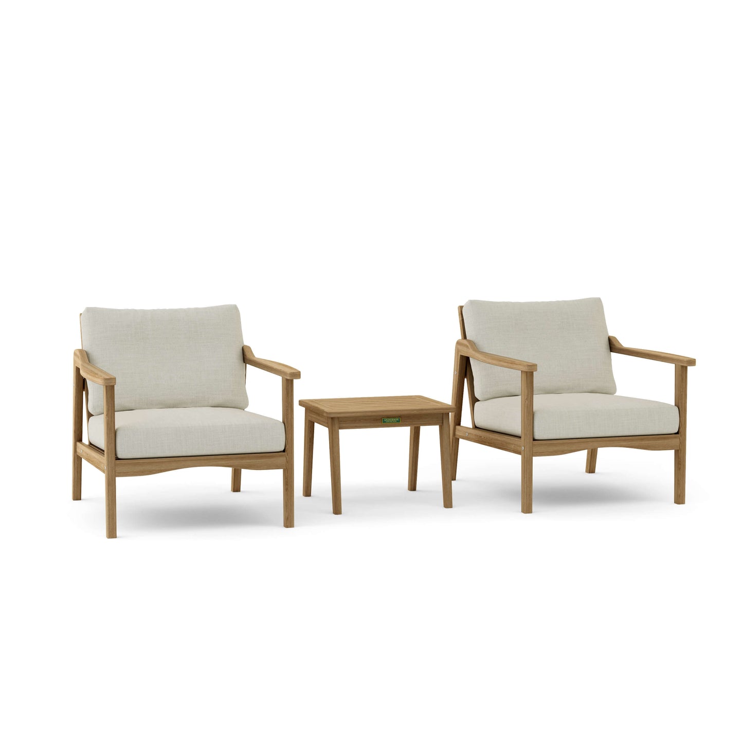 Anderson Teak Outdoor Deep Seating 3-Piece Set features 2 deep seating armchairs and an outdoor side table