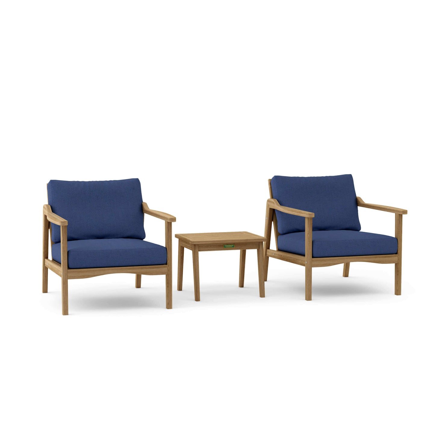 Anderson Teak Outdoor Deep Seating 3-Piece Set features 2 deep seating armchairs and an outdoor side table