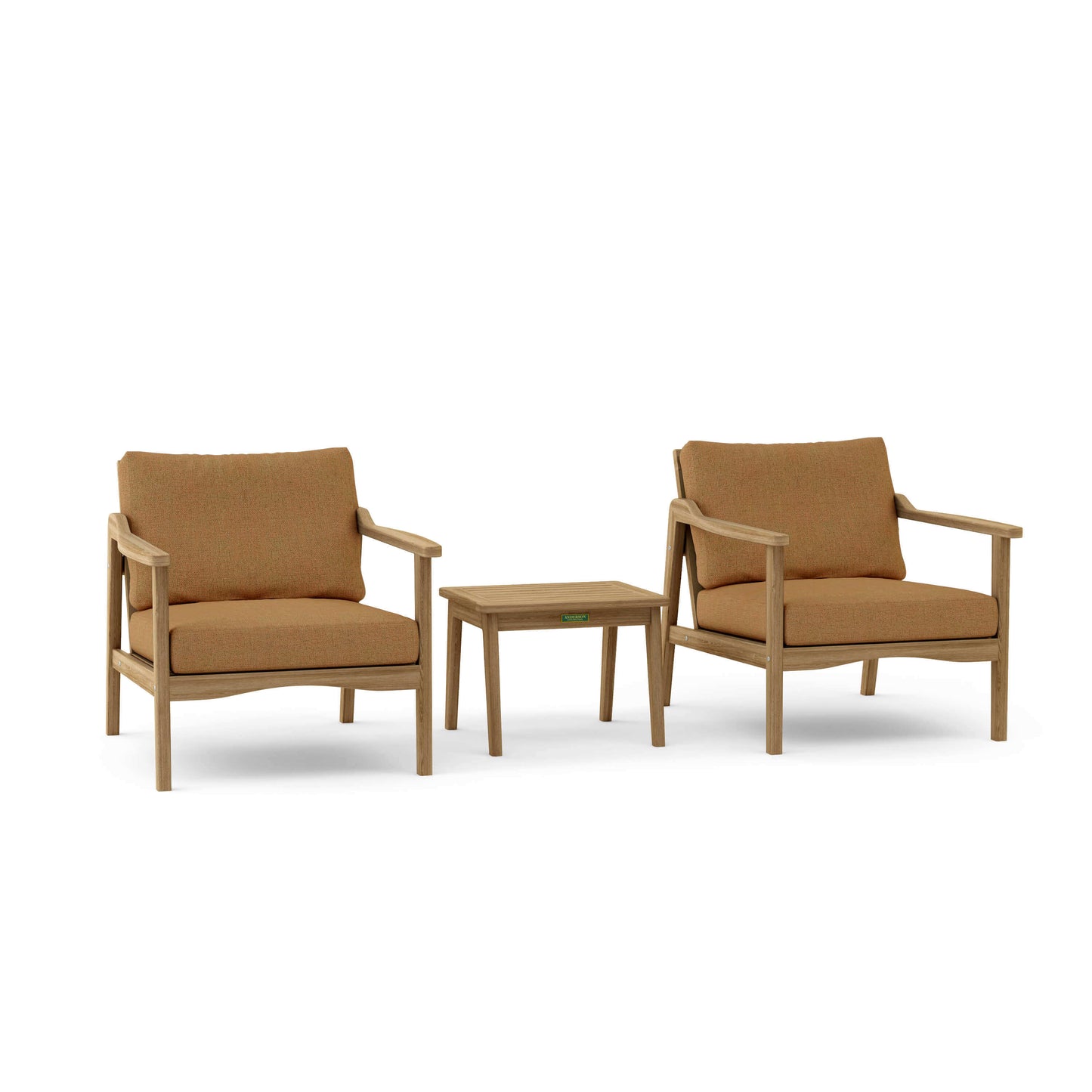 Anderson Teak Outdoor Deep Seating 3-Piece Set features 2 deep seating armchairs and an outdoor side table