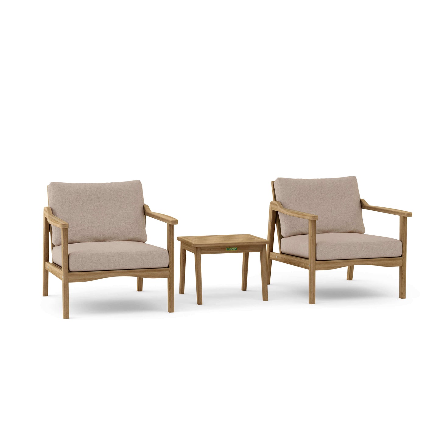 Anderson Teak Outdoor Deep Seating 3-Piece Set features 2 deep seating armchairs and an outdoor side table