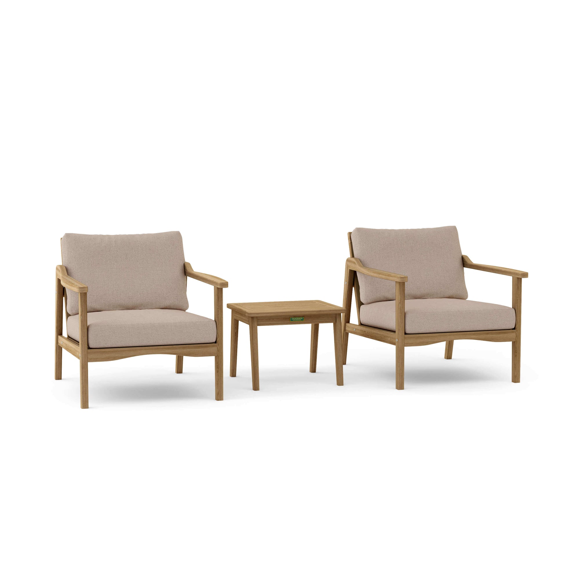 Anderson Teak Outdoor Deep Seating 3-Piece Set features 2 deep seating armchairs and an outdoor side table