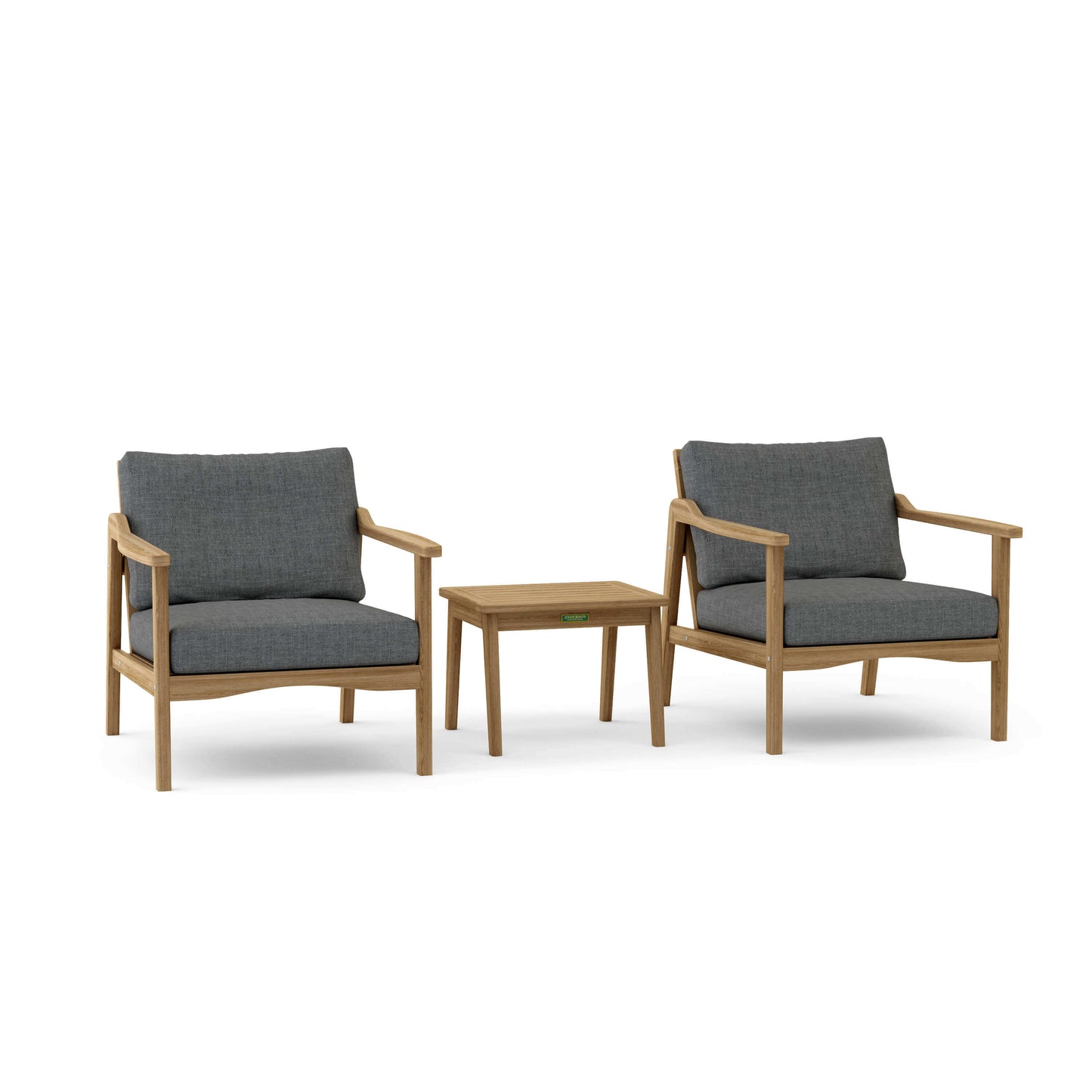 Anderson Teak Outdoor Deep Seating 3-Piece Set features 2 deep seating armchairs and an outdoor side table