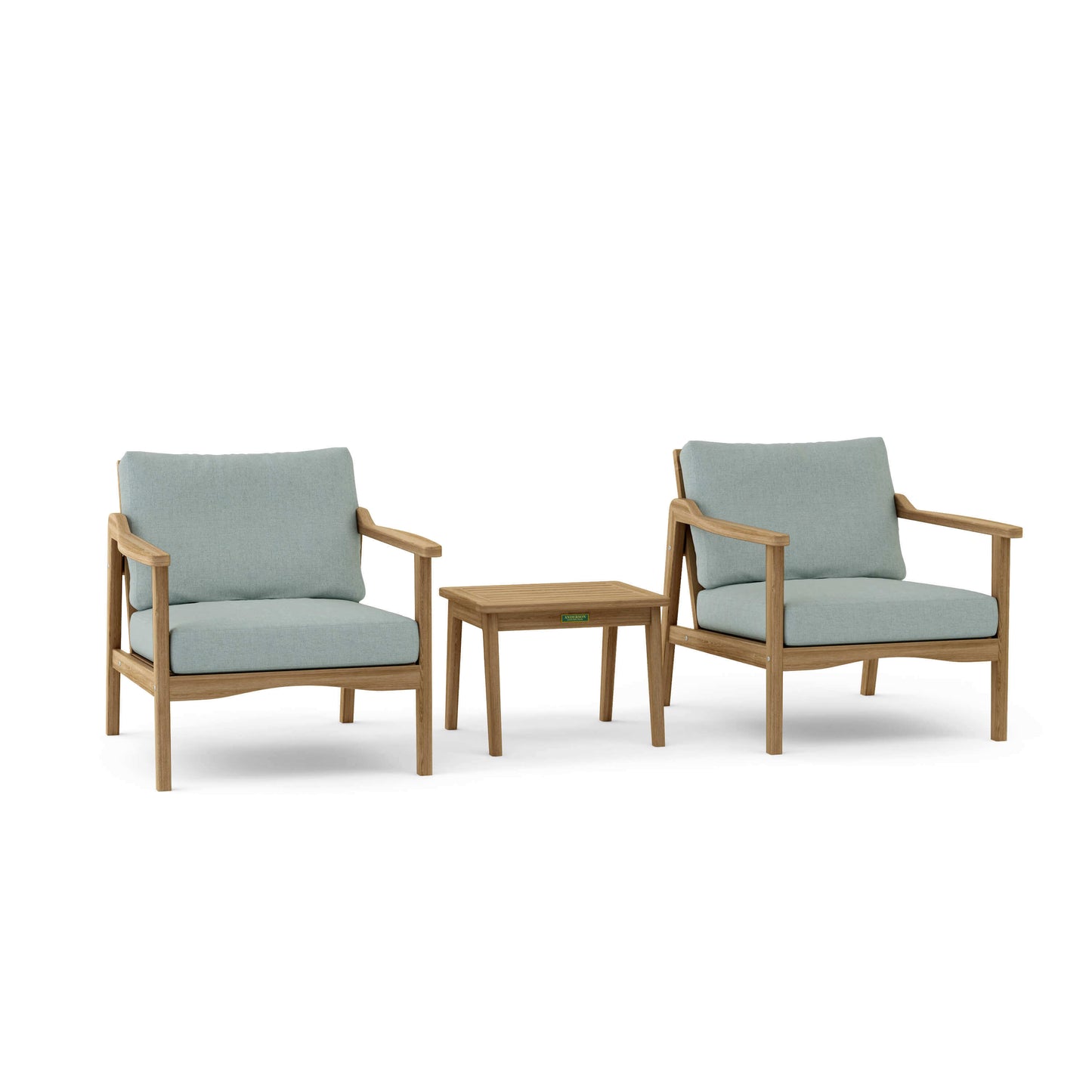 Anderson Teak Outdoor Deep Seating 3-Piece Set features 2 deep seating armchairs and an outdoor side table
