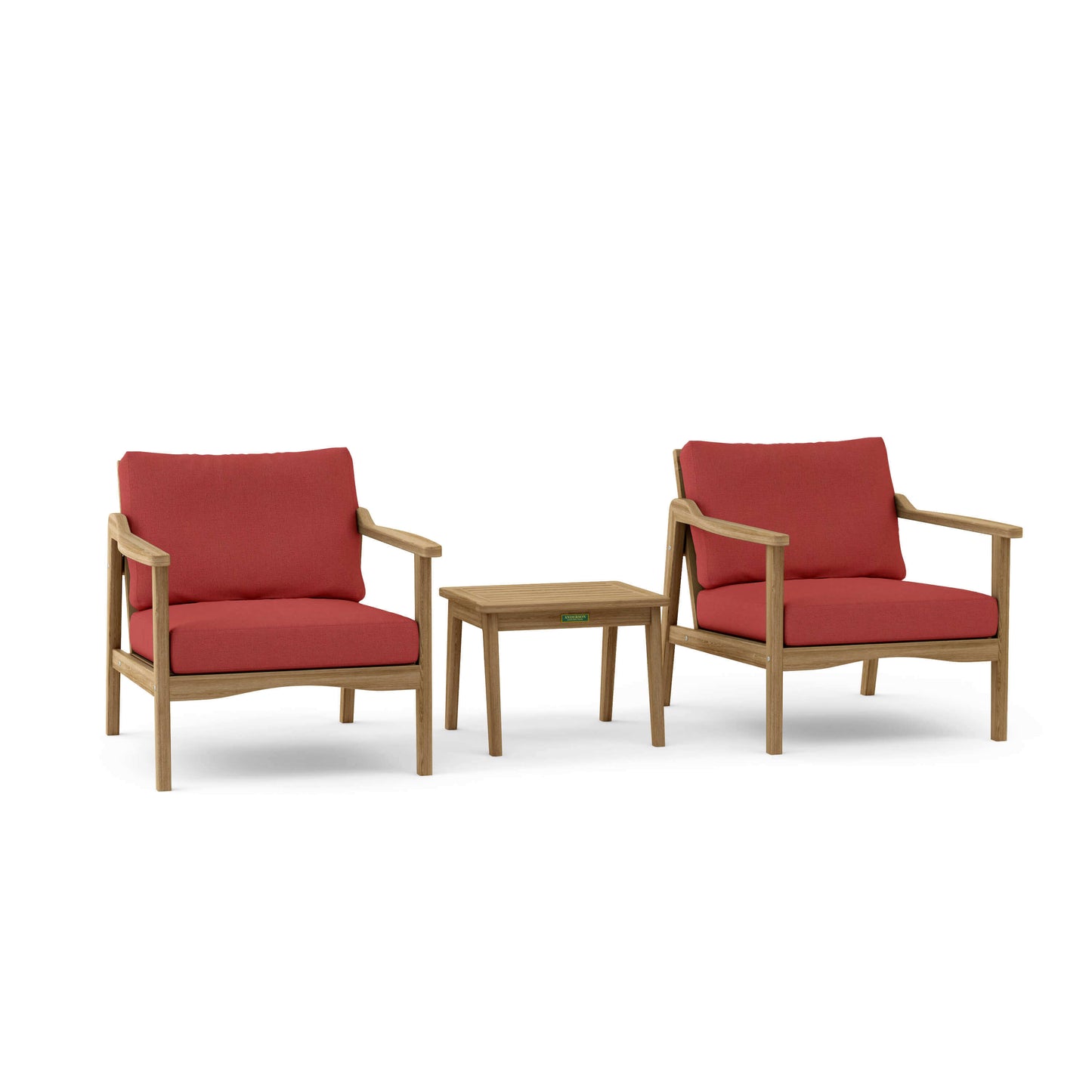Anderson Teak Outdoor Deep Seating 3-Piece Set features 2 deep seating armchairs and an outdoor side table