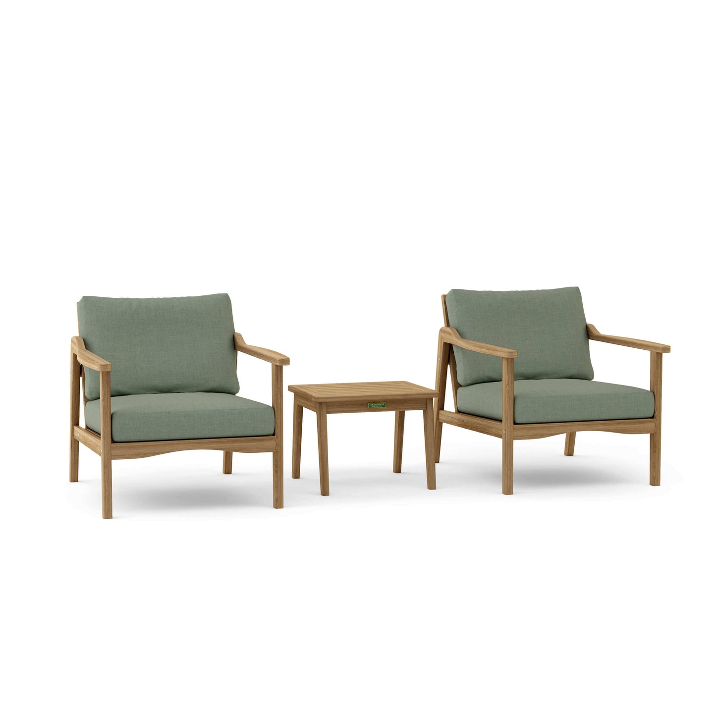 Anderson Teak Outdoor Deep Seating 3-Piece Set features 2 deep seating armchairs and an outdoor side table
