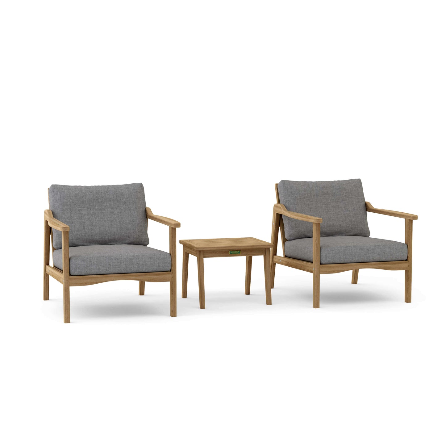 Anderson Teak Outdoor Deep Seating 3-Piece Set features 2 deep seating armchairs and an outdoor side table