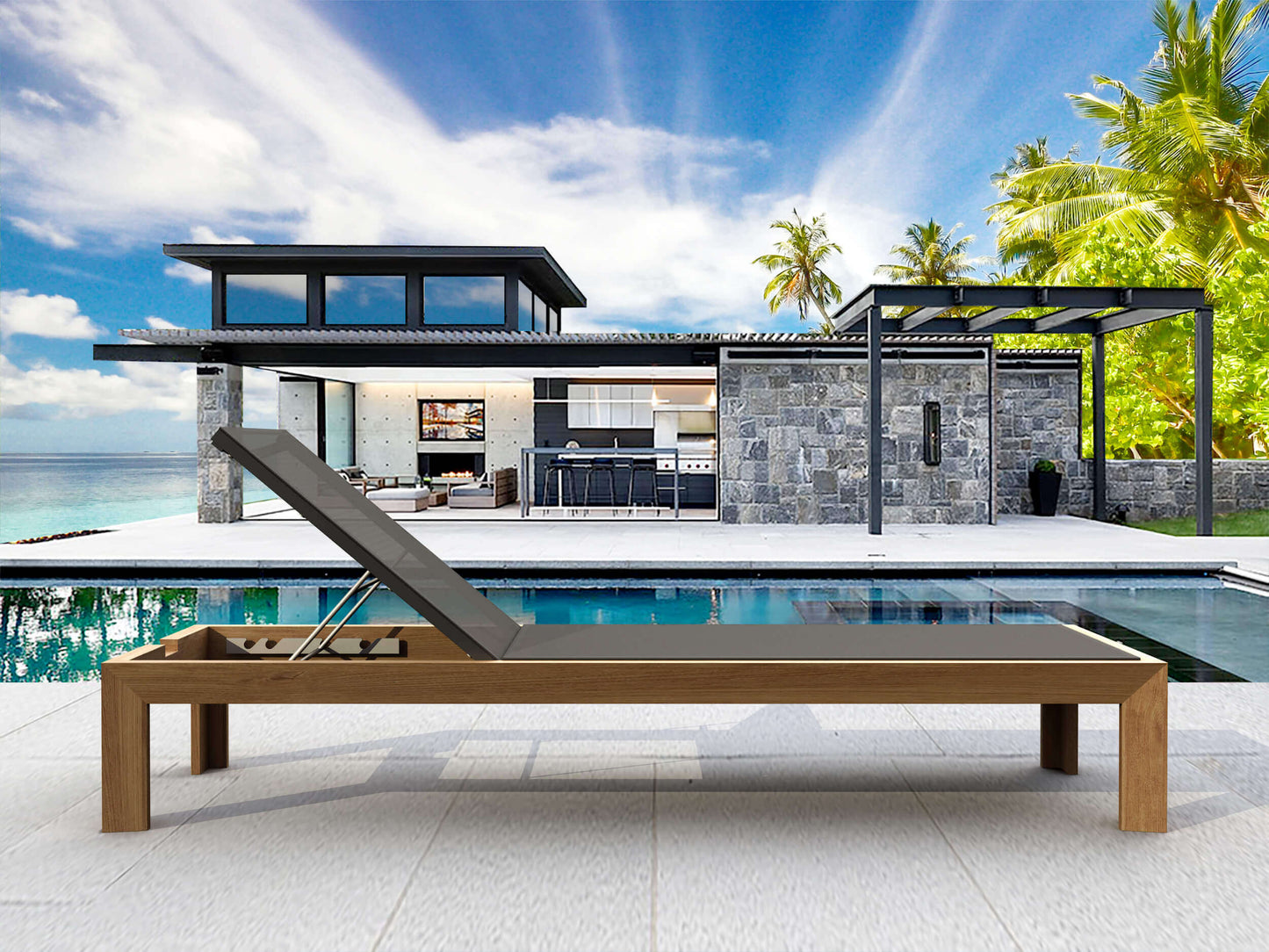 Teak wood sun lounger made with durable mesh for low maintenance and eco-friendly