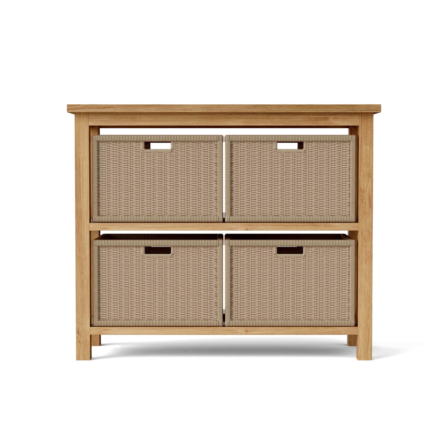 Teak wood towel console table with two sturdy shelves provides generous space for towels, shoes, vases or decor