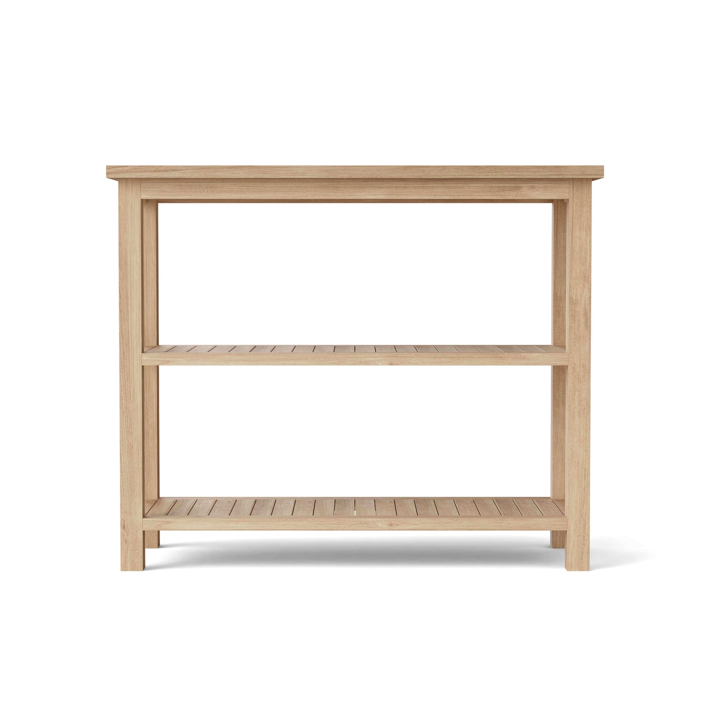 Teak wood towel console table with two sturdy shelves provides generous space for towels, shoes, vases or decor