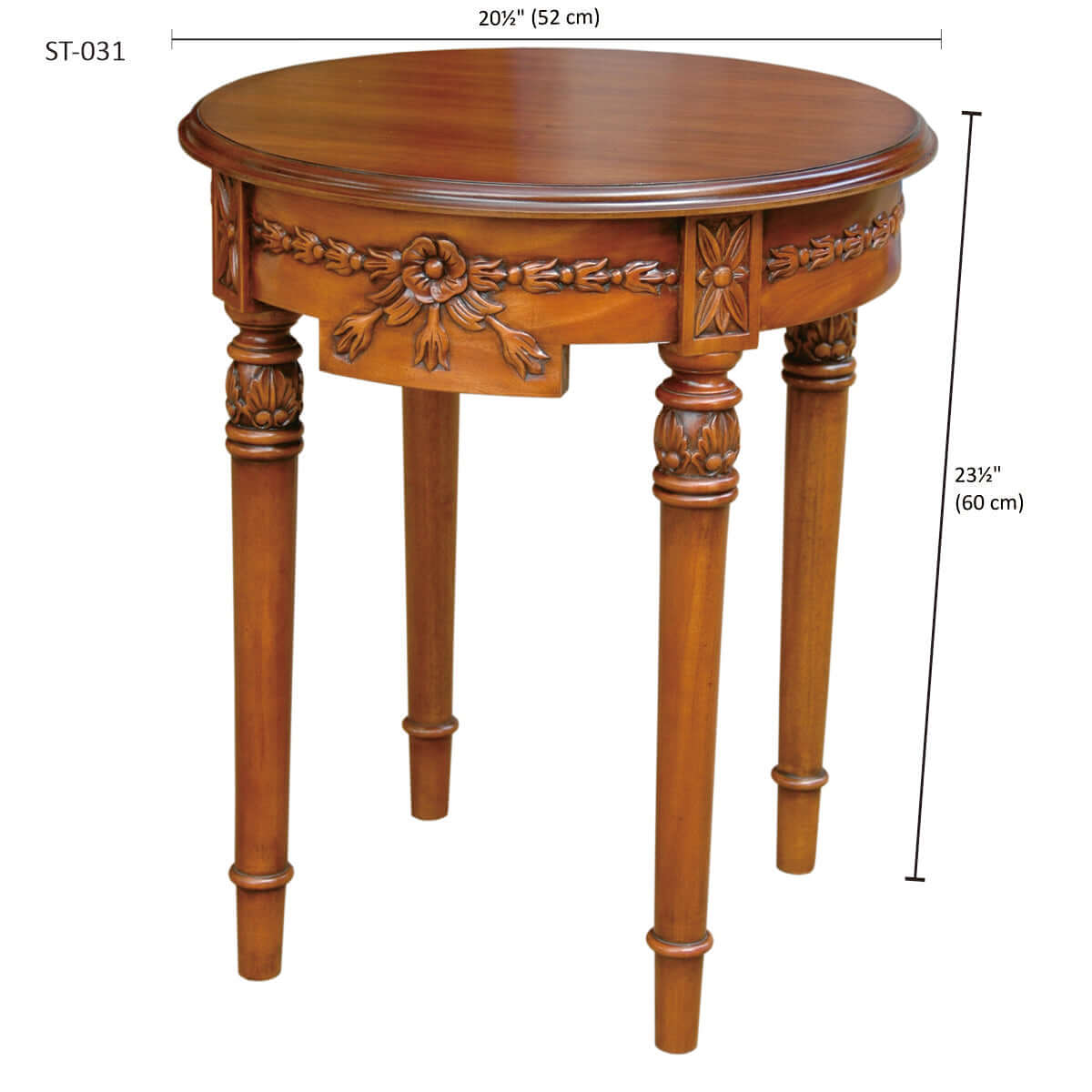 Solid Mahogany construction outdoor side table with rich antique finish and dimensions listed