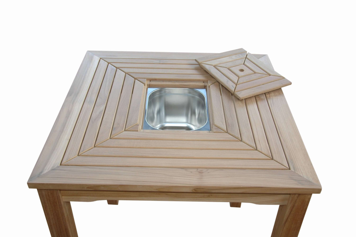Anderson Teak Ice Chiller Bar Table with integrated stainless steel bucket providing easy access to ice and seats 2-4 people