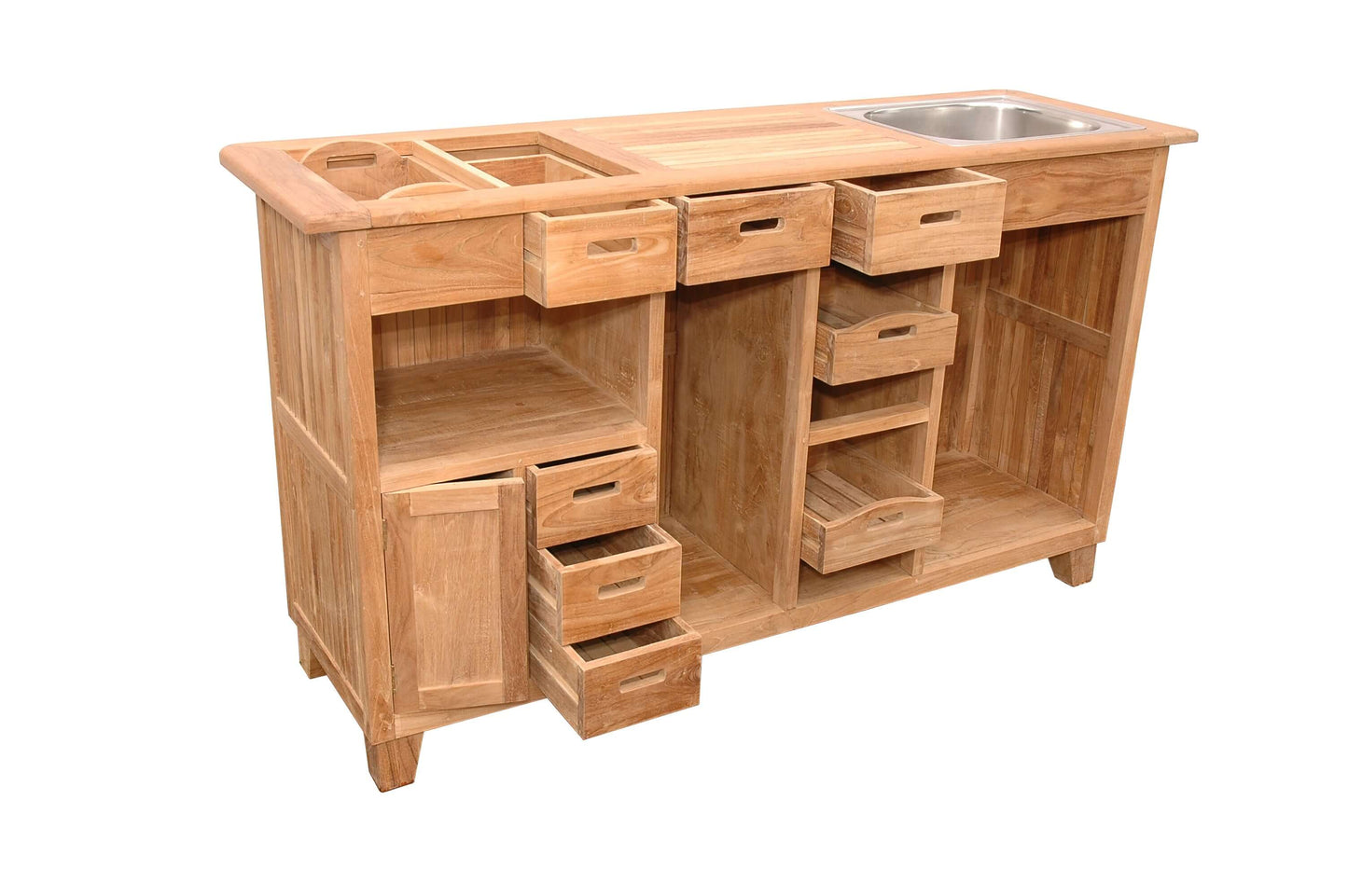 Anderson Teak Outdoor Bar Table Equipped with 7 drawers and 1 cabinet, wine glass hangers, removable ice bucket and integrated aluminum sink