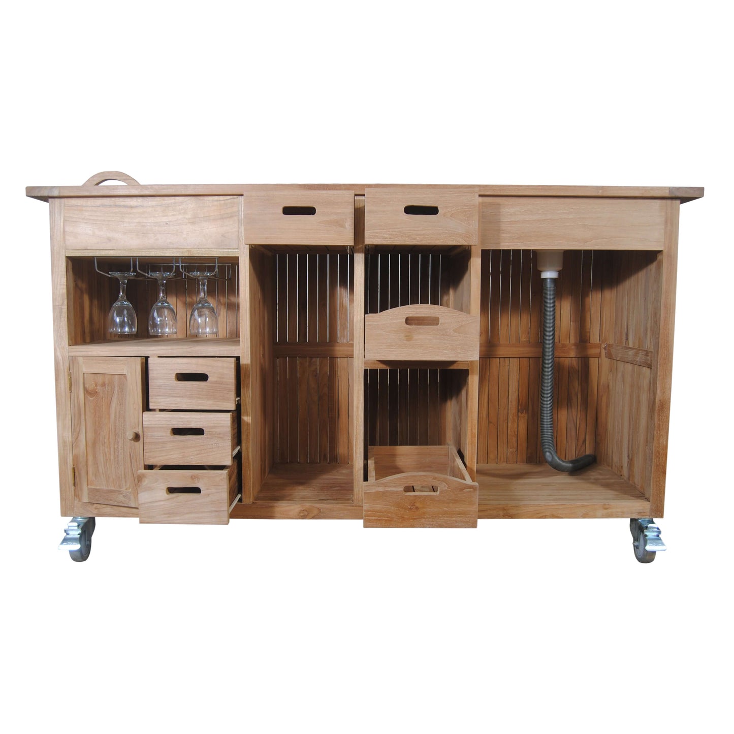 Anderson Teak Outdoor Bar Table Equipped with 7 drawers and 1 cabinet, wine glass hangers, removable ice bucket and integrated aluminum sink