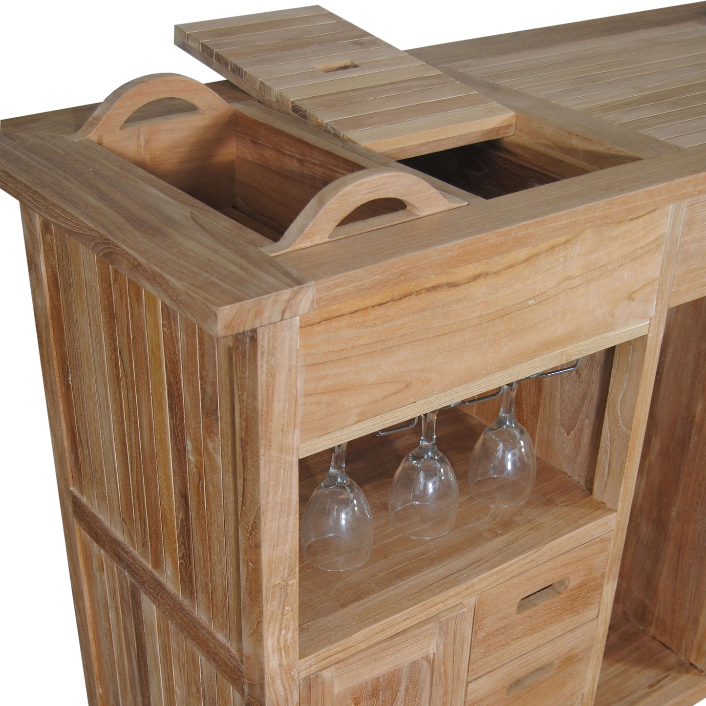 Anderson Teak Outdoor Bar Table Equipped with 7 drawers and 1 cabinet, wine glass hangers, removable ice bucket and integrated aluminum sink
