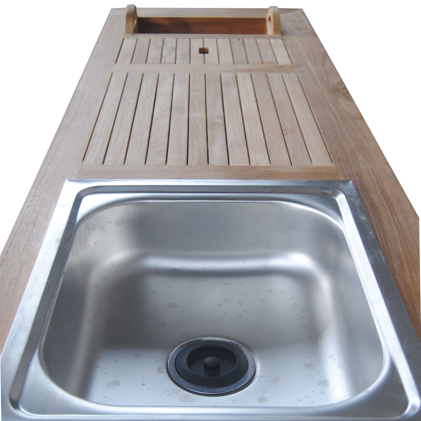 Anderson Teak Outdoor Bar Table Equipped with 7 drawers and 1 cabinet, wine glass hangers, removable ice bucket and integrated aluminum sink