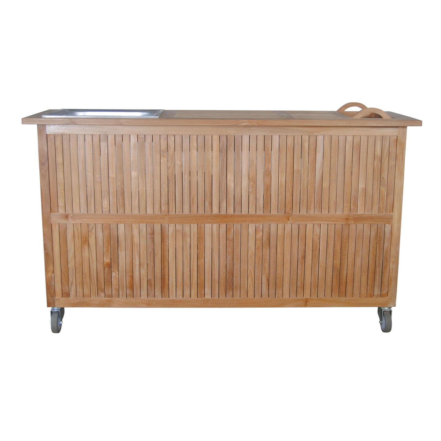 Anderson Teak Outdoor Bar Table Equipped with 7 drawers and 1 cabinet, wine glass hangers, removable ice bucket and integrated aluminum sink