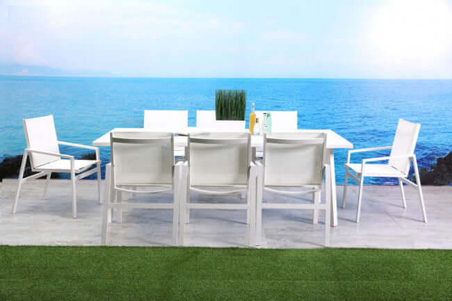 Panama Jack 9-piece rectangular outdoor dining set made with strong powder-coated finish resistant to corroding and scratching