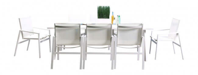 Panama Jack 9-piece rectangular outdoor dining set made with strong powder-coated finish resistant to corroding and scratching