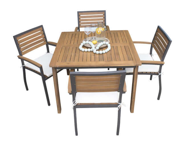 Panama Jack 5-piece Grade-A Teak wood outdoor square dining table set with cushions