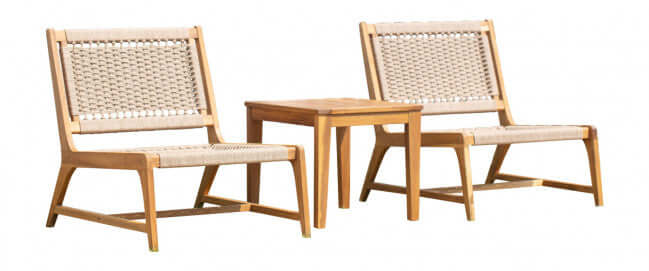 Panama Jack 3-piece Adirondack chair set made with solid Acacia wood construction and fast drying tan rope