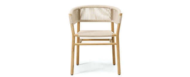 Panama Jack outdoor dining armchairs made with solid Acacia wood construction and fast drying tan rope