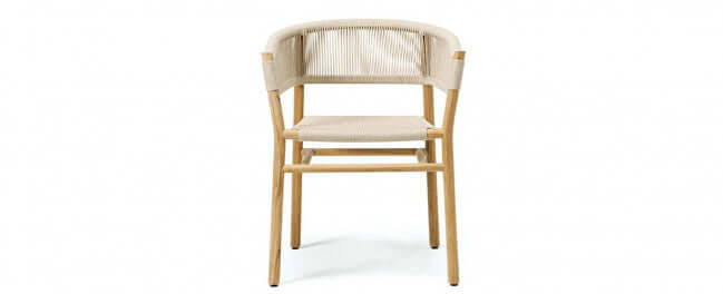 Panama Jack outdoor dining armchairs made with solid Acacia wood construction and fast drying tan rope