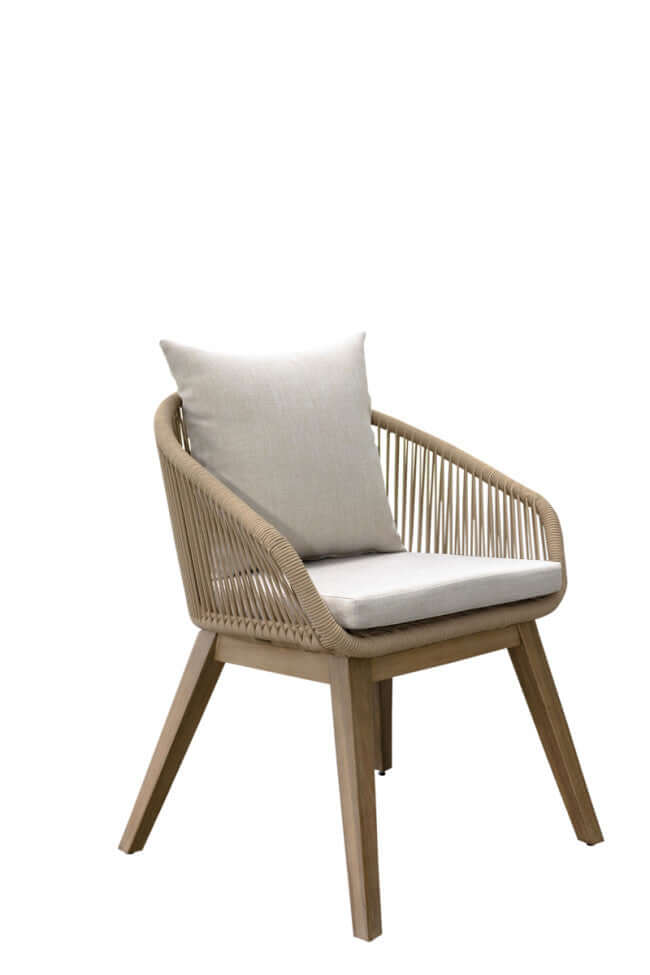 Panama Jack outdoor dining armchair made with Acacia wood for a natural wood finish with cushions