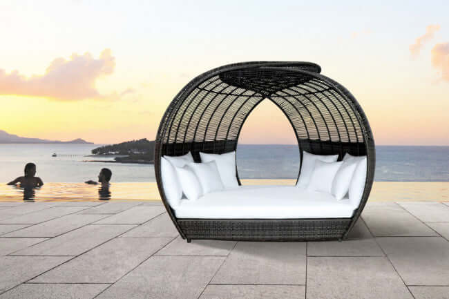 Panama Jack outdoor large scale daybed crafted with commercial grade extruded aluminum framing and woven with HDPE synthetic fiber
