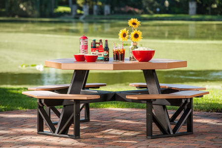 LuxCraft Octagon Picnic Table in Cedar and Black grouped for outdoor patio seating — all-weather outdoor build
