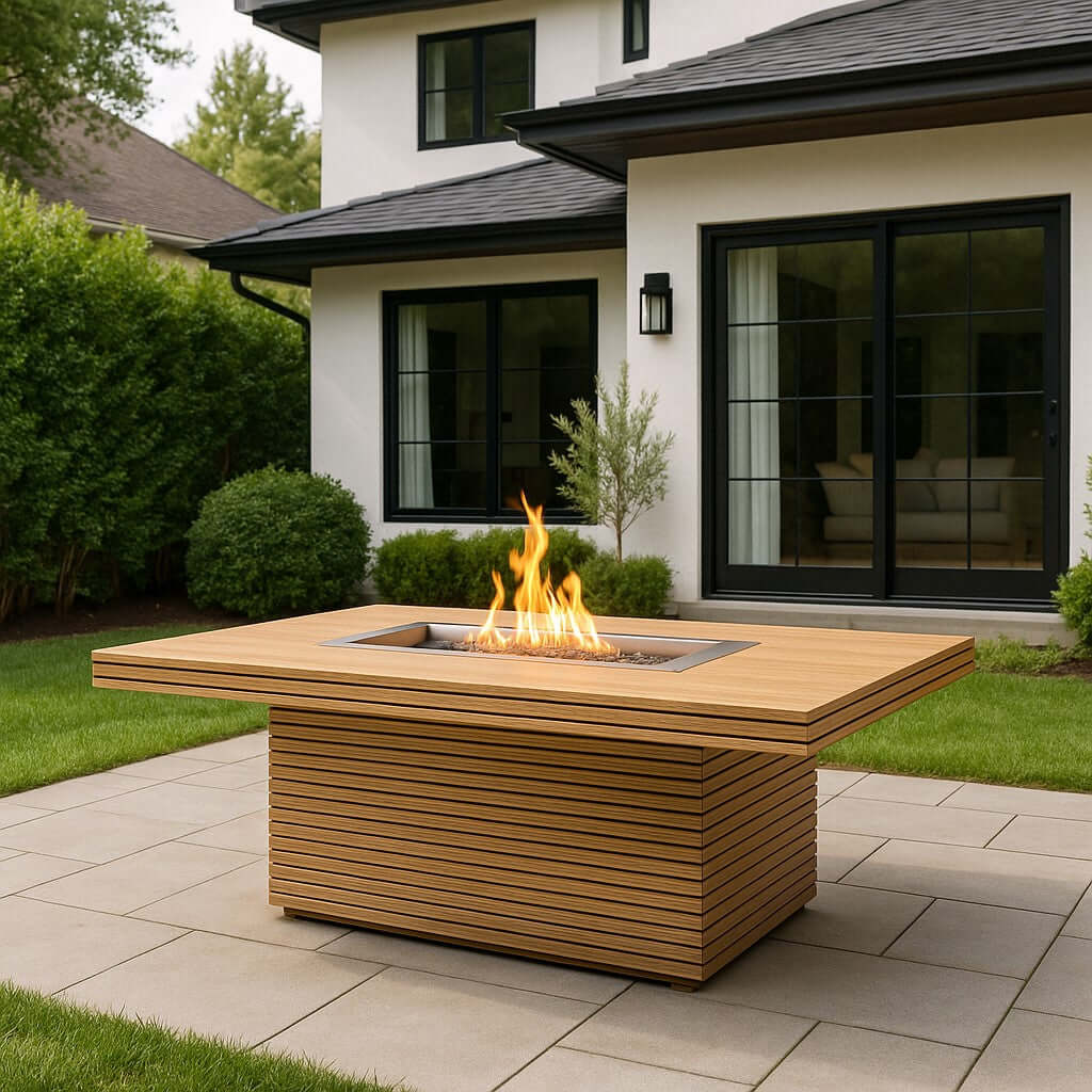 Anderson Teak Louvre Rectangular Fireplace Table — Outdoor Fire Pit Table for Patios