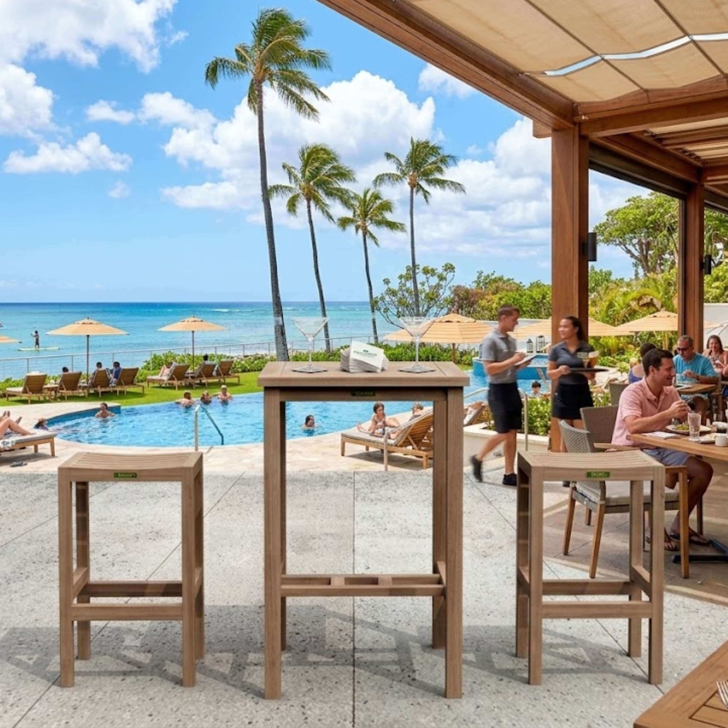 Anderson Teak Avalon Bar Table 3 Piece Set with Coordinated Pieces and Sunbrella Cushions