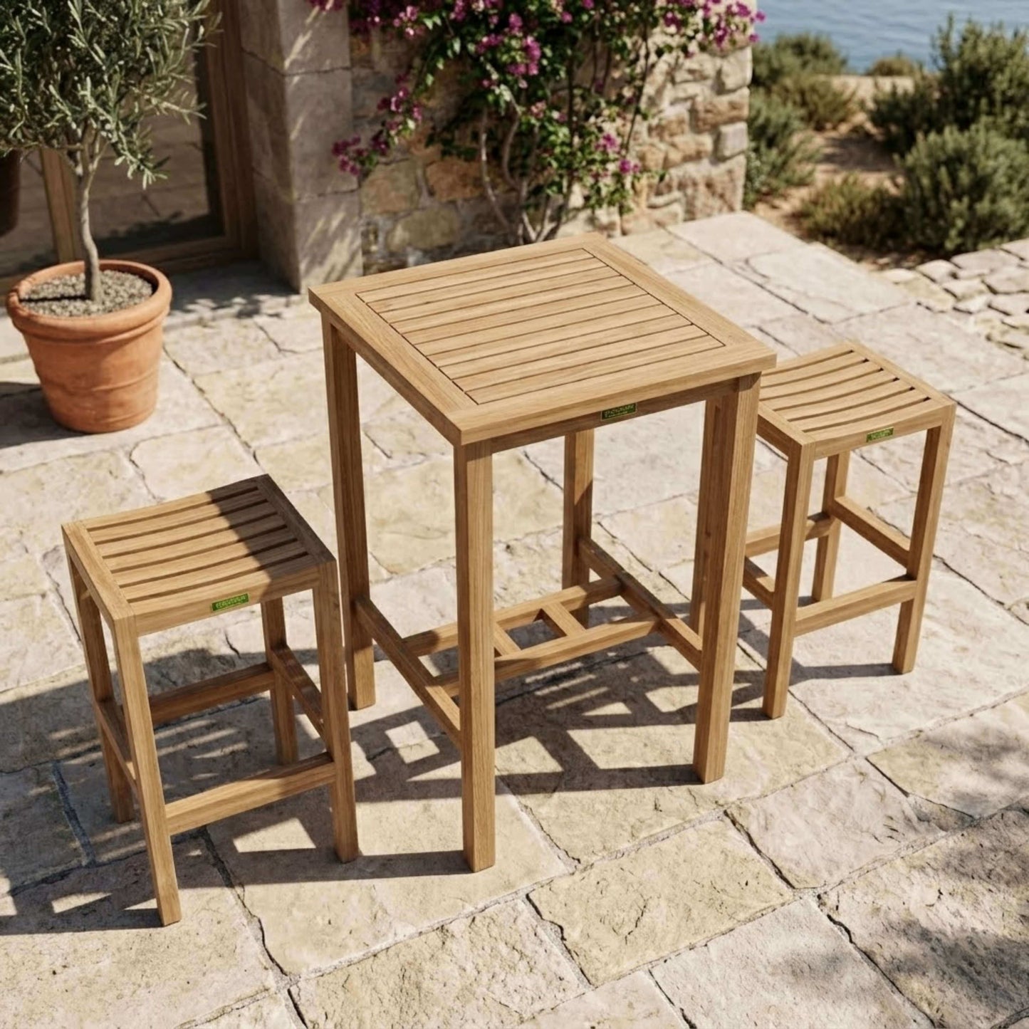 Anderson Teak Avalon Bar Table 3 Piece Set Aerial View of Full Set Layout