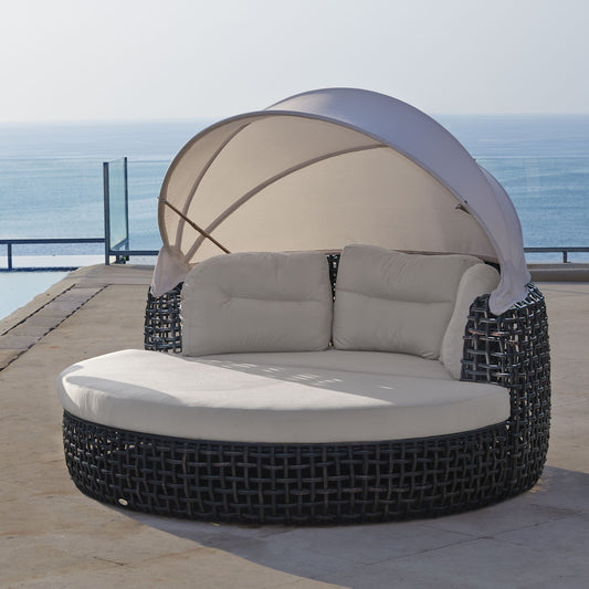 Dynasty Daybed with Canopy and Sunbrella Cushions (Black Mushroom)