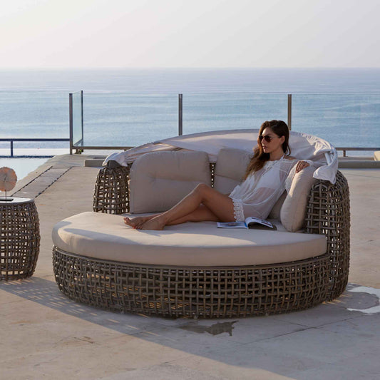 Dynasty Daybed with Canopy and Sunbrella Cushions (Kubu Mushroom)