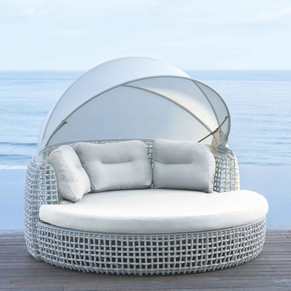 Dynasty Daybed with Canopy and Sunbrella Cushions (White Mushroom)