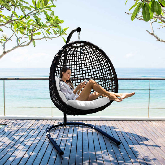 Dynasty Hanging Chair with Frame and Sunbrella Cushion (Black Mushroom)