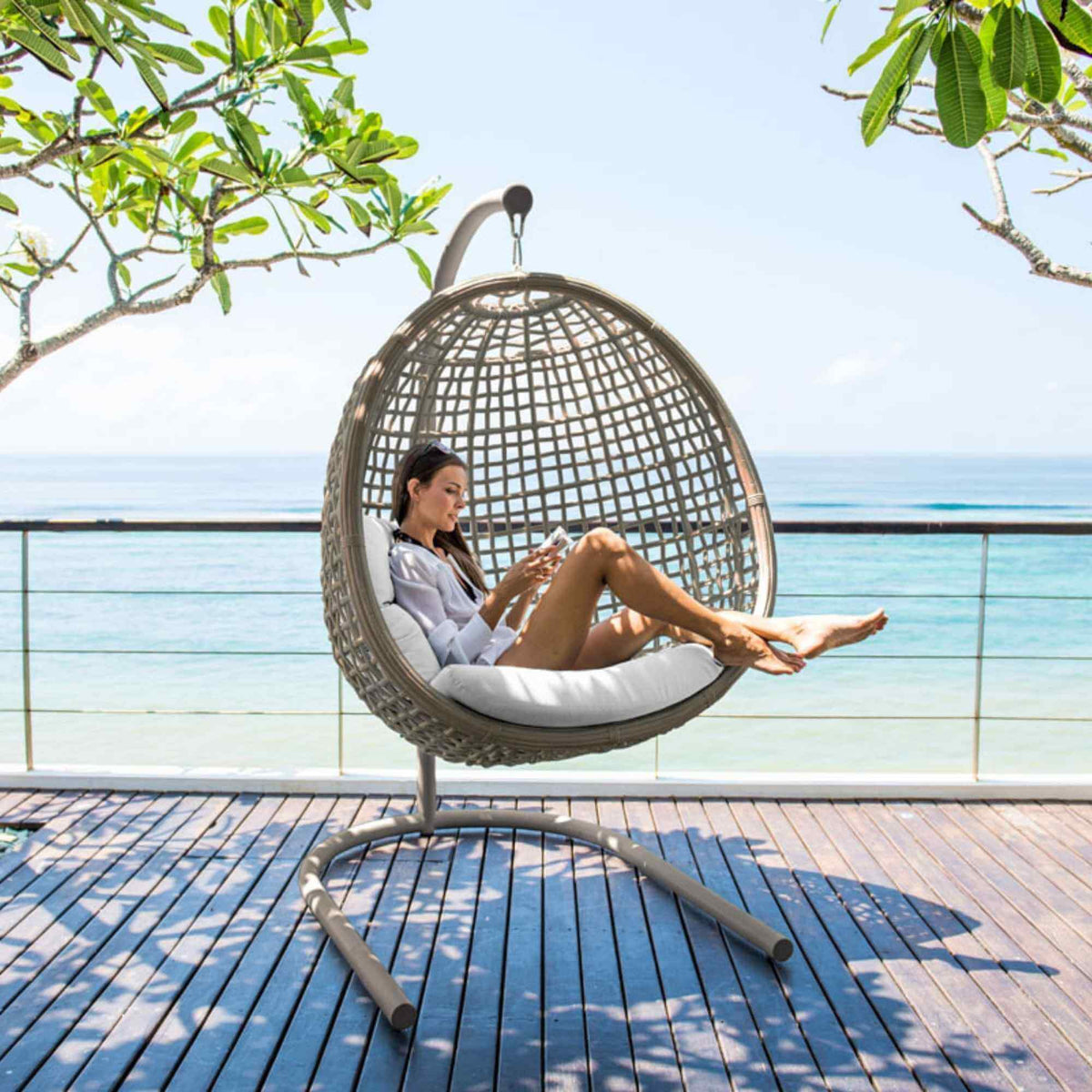 Dynasty Hanging Chair with Frame and Sunbrella Cushion (Kubu Mushroom) (view 1)
