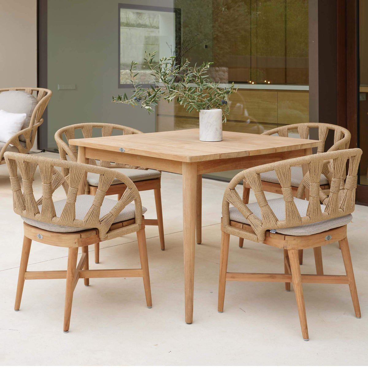 5-piece square outdoor dining set includes 4 dining armchairs and 1 square outdoor teak table