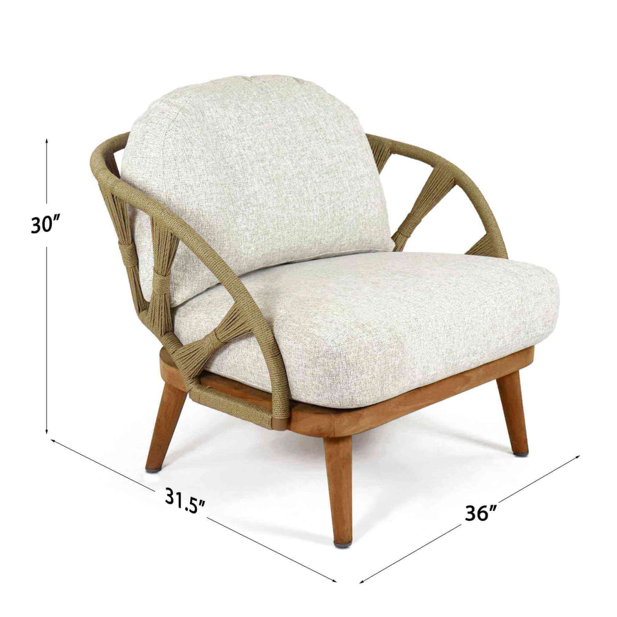 Outdoor armchair made from teak wood and polystrand rami natural rope