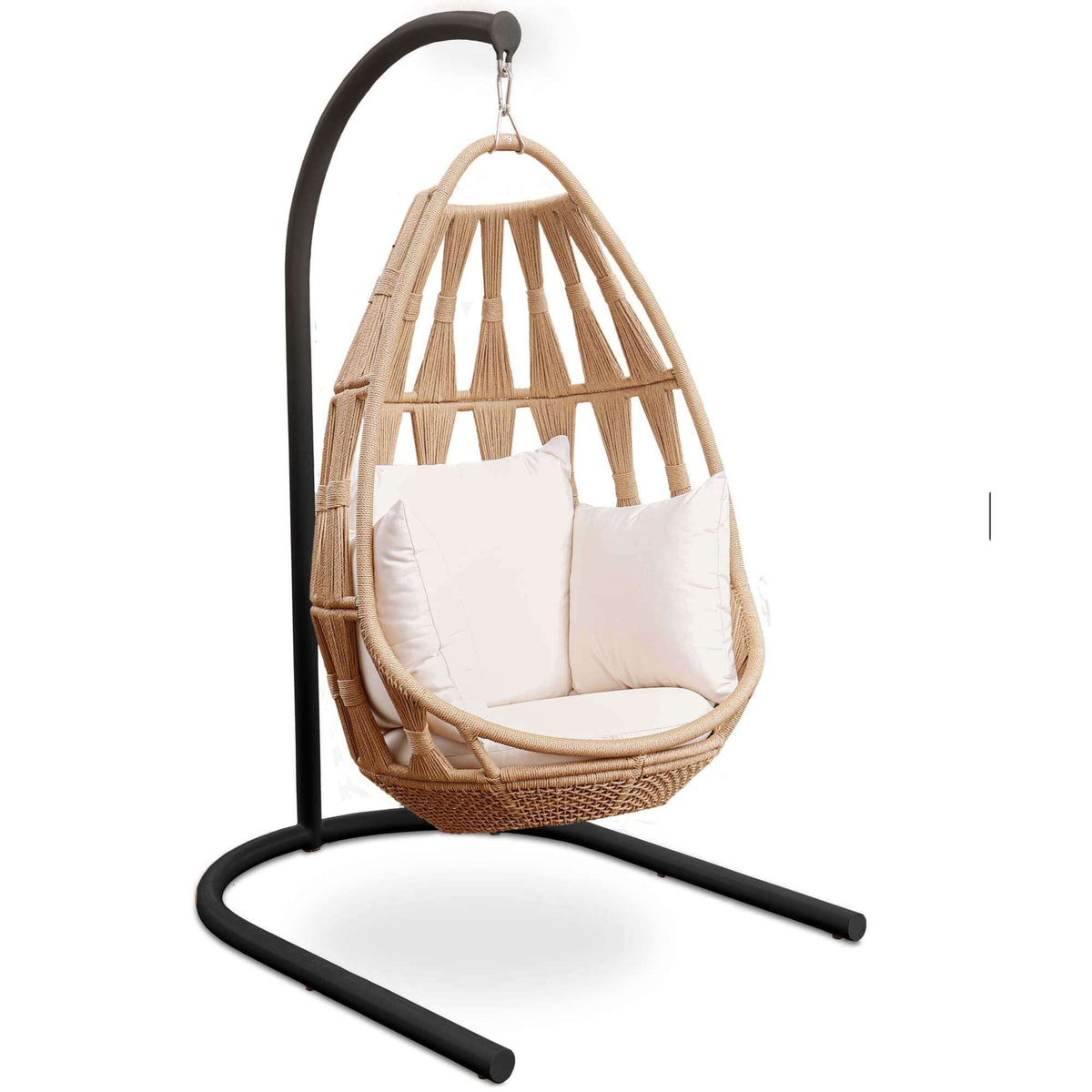 The Krabi Hanging Chair features polystrand natural rope and aluminum framing.
