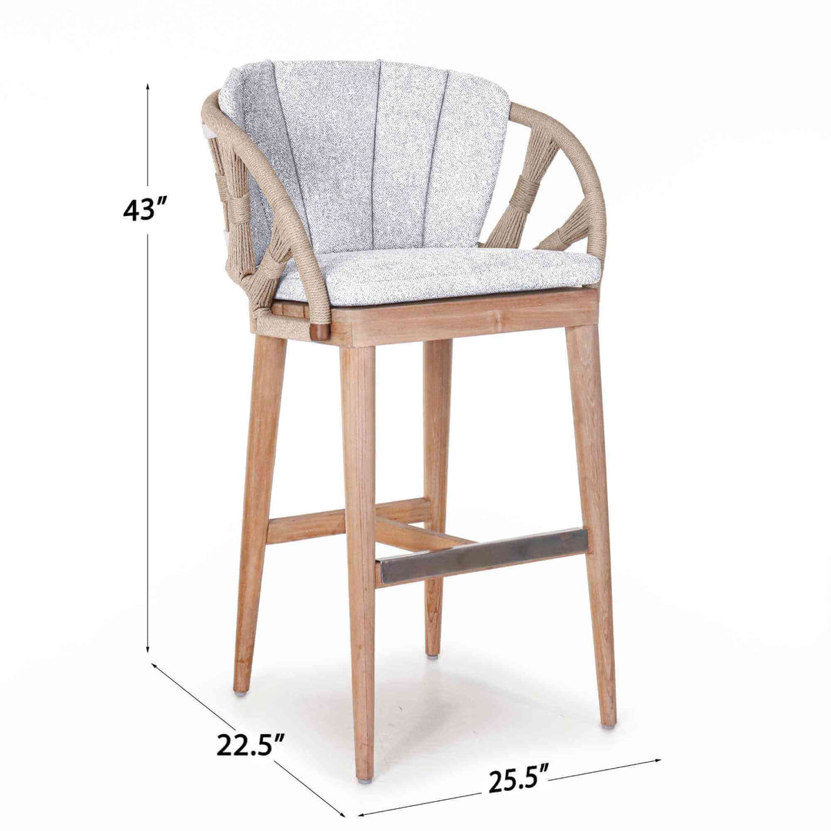 Outdoor barstool made from teak wood and polystrand rami natural rope