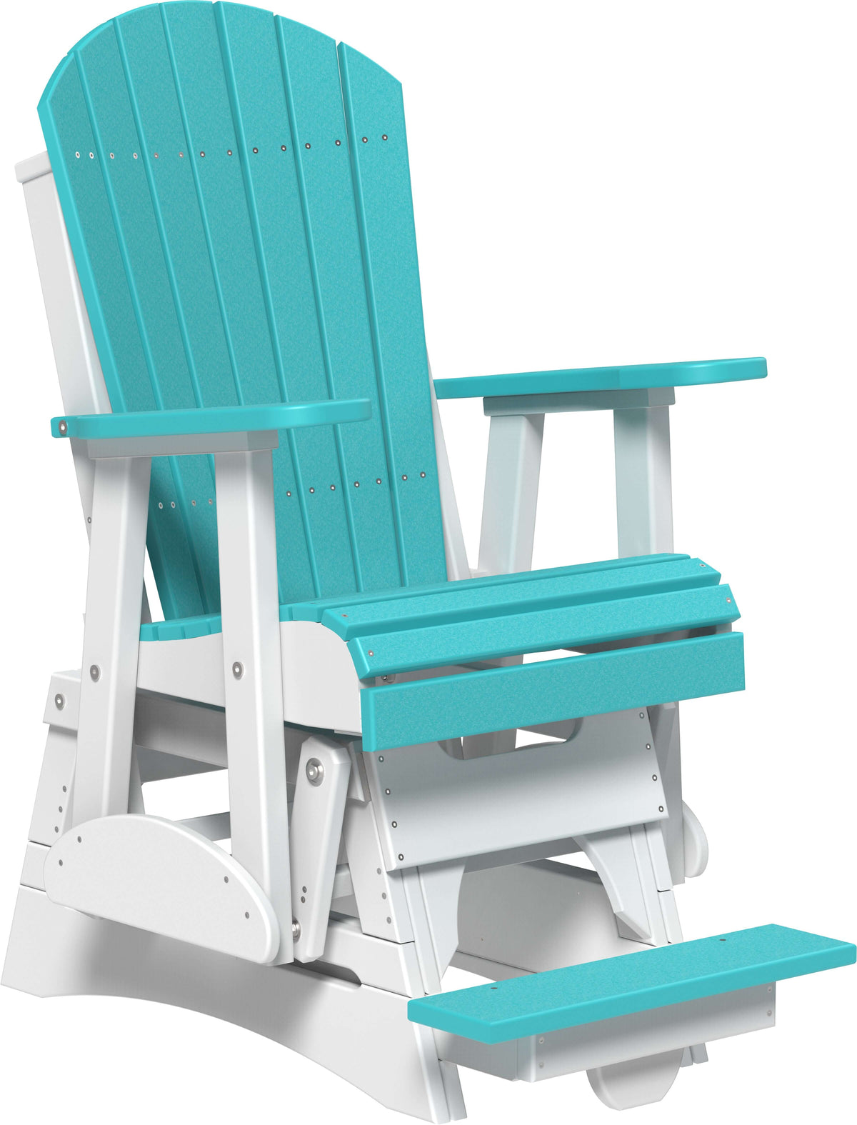 LuxCraft 2' Adirondack Balcony Glider Chair 3-Piece Set in Aruba Blue and White — 24-inch seat counter-height, recycled HDPE construction