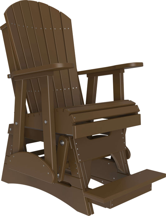 LuxCraft 2' Adirondack Balcony Glider Chair 3-Piece Set in Chestnut Brown — counter-height glide bench with footrest for elevated decks