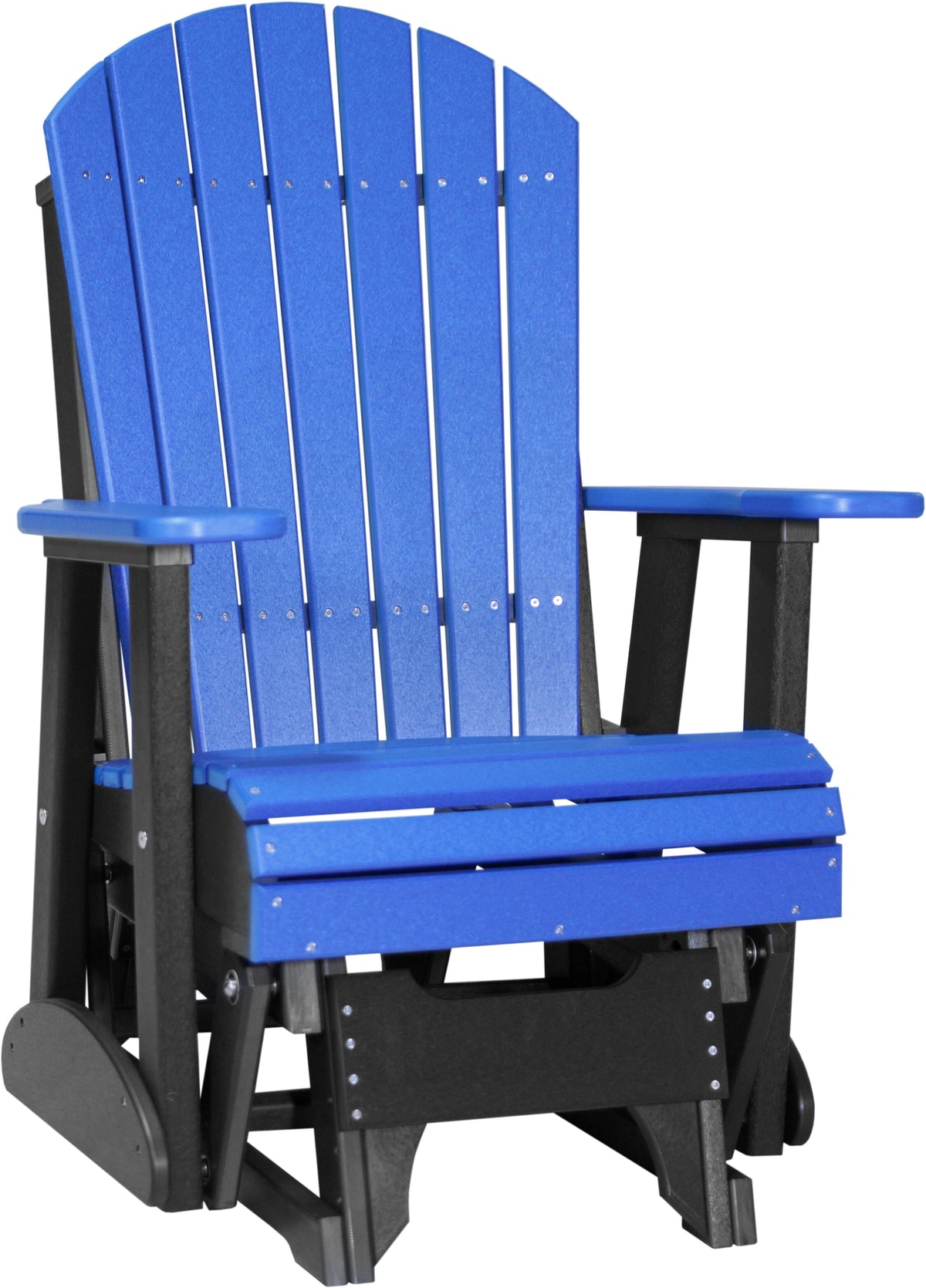 LuxCraft 2' Adirondack Glider Chair 3-Piece Set in Blue and Black — four-bar linkage glide mechanism, fade-resistant poly