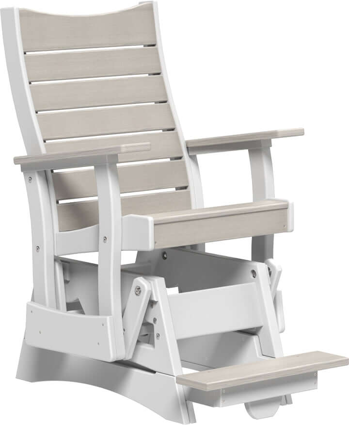 LuxCraft 2' Contour Balcony Glider in Birch and White — counter-height glide bench with footrest for elevated decks