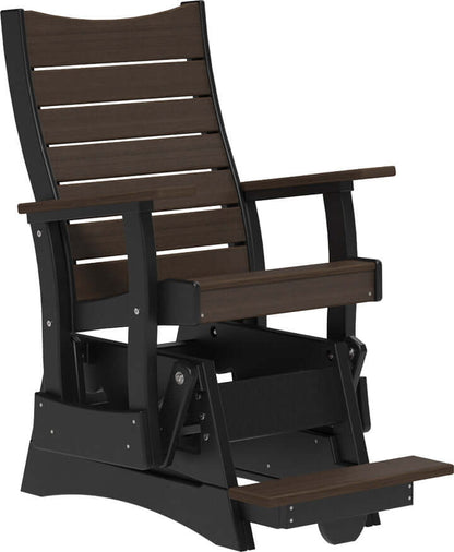 LuxCraft 2' Contour Balcony Glider in Brazilian Walnut and Black — counter-height glide bench with footrest for elevated decks